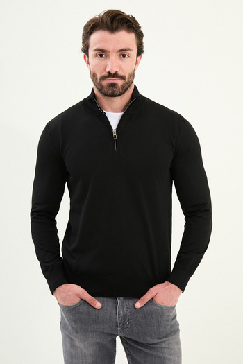 Mcr Plain Slim Fit Zippered Half Fisherman Men's Knitwear Sweater Black - 11561.25K