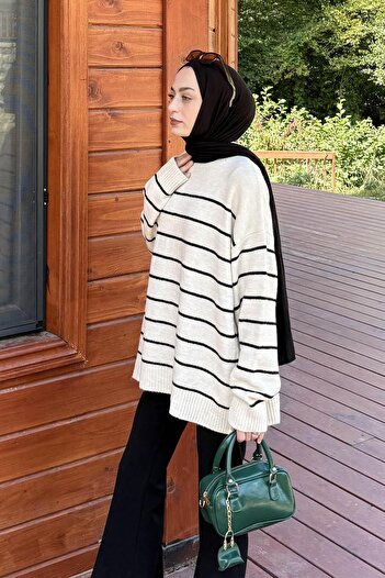 lamelif Tricotaj cu dungi Pulover Natural