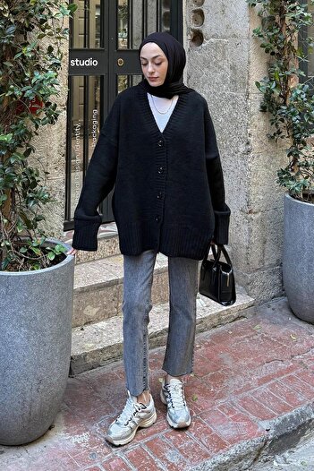 lamelif Casual Textured Basic Cardigan Black