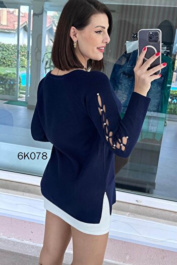 İnce Topuk V-Neck Sleeves Stone Embroidered Knitwear Blouse 6K078