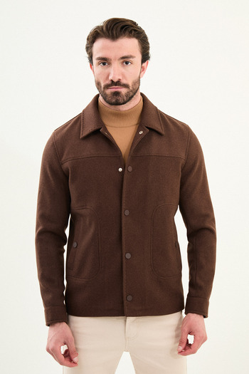 Mcr Plain Slim Fit Shirt Collar Snap Fastener Cashmere Men's Coat Brown - 39650.25K