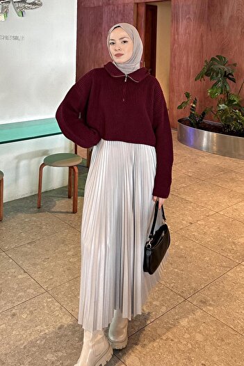 lamelif Collar Zippered Crop Knitwear Sweater Burgundy