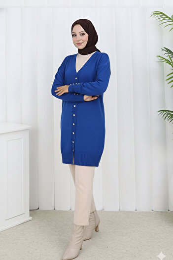 benguen Buttoned Long Mercerized Cardigan N3176 Saks Blue