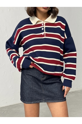 BEJNA Γυναικείο Πλεκτό Πόλο με ριγέ λαιμόκοψη Navy Blue