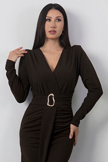 PULLIMM Double Breasted Collar Long Sleeve Waist Buckle Dress Grs3829