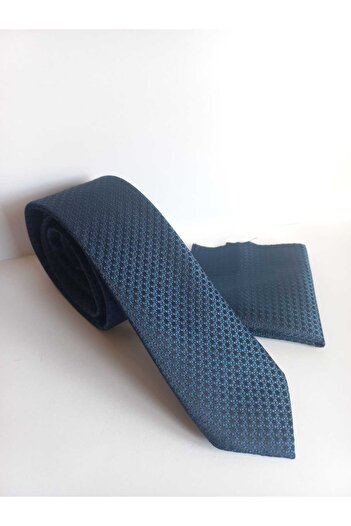 Kravatistan Navy Blue Patterned Thin Tie and Handkerchief Set