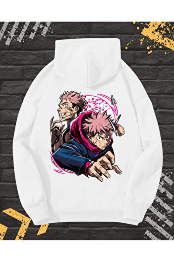 OEM - Men's Hoodie with Embroidery and Print, Jujutsu Kaisen, Cotton, White, S INTL