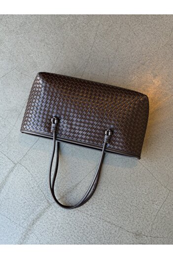 minebag Knitted Detailed Faux Leather Dora Women's Shoulder Bag Brown