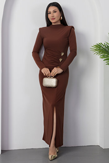 PULLIMM Stand Collar Button Detail Slit Dress 2025-4350