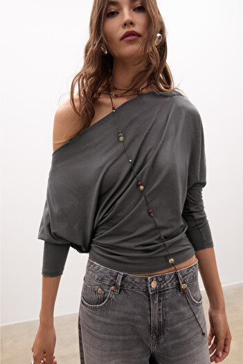 VODENS Anthracite Asymmetrical 100% Cotton T-Shirt