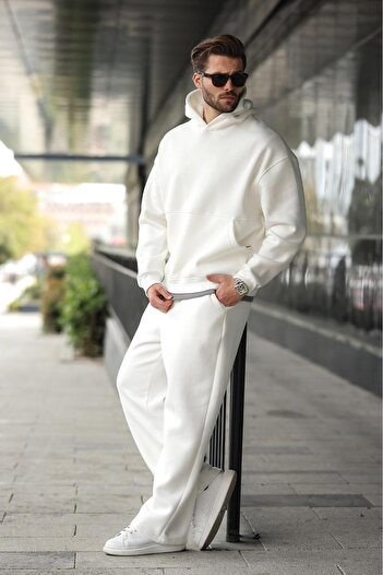 Madmext Ecru Hooded Kangaroo Pocket Men's Tracksuit Set E7338
