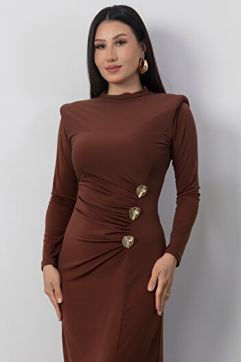 PULLIMM Stand Collar Button Detail Slit Dress 2025-4350