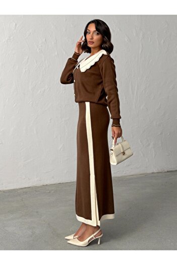 BEJNA Women's Brown Baby Collar Knitwear Set