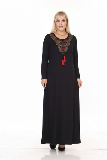 Barato Ethnic Collar Long Sleeve Full Length Knitted Viscose Lycra Fabric Black Plus Size Dress