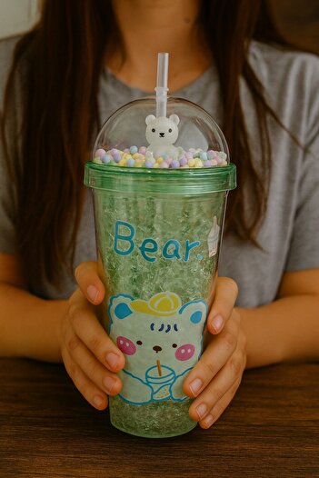 HediyeFilesi Crazy Bear Water Bottle with Straw, Ice Glass Look, Led Light, 450 Ml, Double Layer Mica 2093 Green