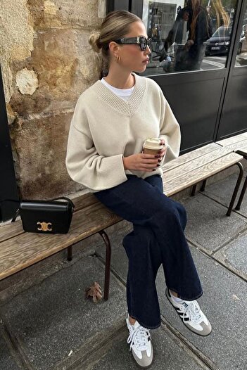ELBA STİL Ecru V-Neck Oversize Women's Knitwear Sweater