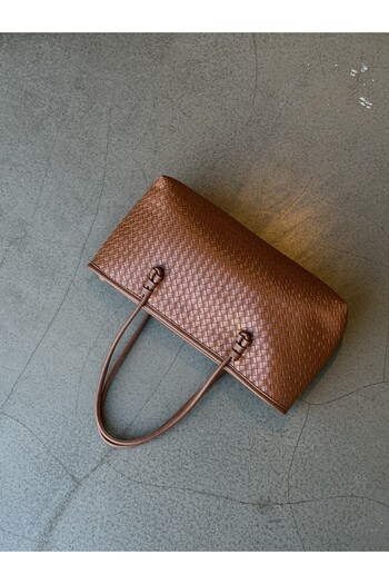 minebag Knitted Detailed Faux Leather Dora Women's Shoulder Bag Brown