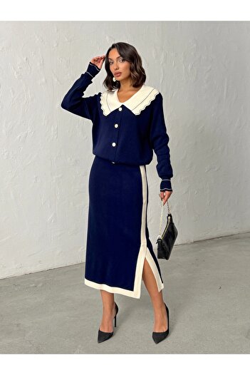 BEJNA Women's Navy Blue Baby Collar Knitwear Set