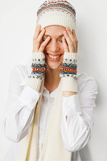 Desen Triko Women's Jacquard Wool Gloves 25076 Bone