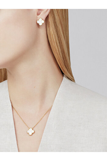 ElectraStore Gold Necklace And Earrings Set White Mother Of Pearl Flower