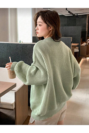 Buteks Mint Green Women's Basic Loose Comfortable Fit Oversized Knitwear Thick Textured Basic Sweater