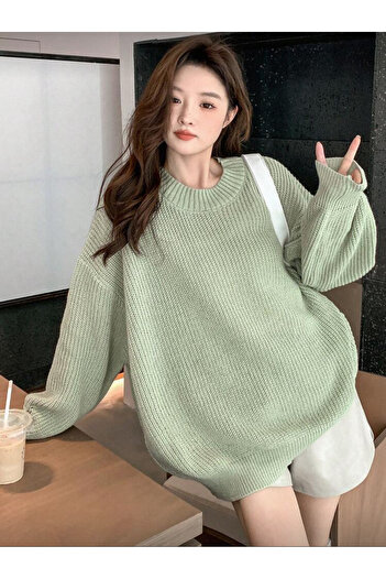 Buteks Mint Green Women's Basic Loose Comfortable Fit Oversized Knitwear Thick Textured Basic Sweater