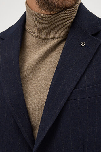 Frappoli Wesley Men's Dark Lacquer Italian Striped Cashmere Fabric Half-Lined Pocketed Mono-Collar Sports Blazer Jacket
