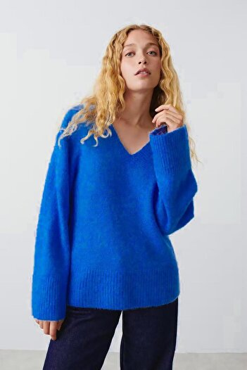 ELBA STİL Blue V-Neck Oversize Women's Knitwear Sweater