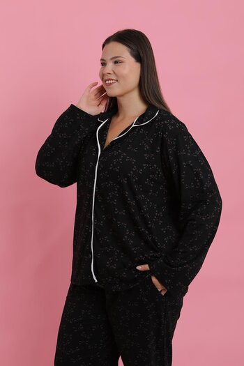 Akbeniz Set de pijamale cu nasturi, cu model, negru, alb, pentru femei, mărime mare