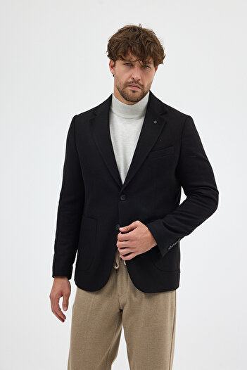 Frappoli Lanz Men's Black Cashmere Fabric Half-Lined Mono Collar Sports Blazer Jacket with Pocket