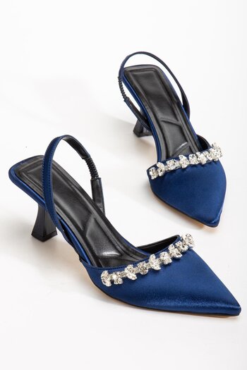 Dilimler Ayakkabı Satin Stone Symmetrical Cut Navy Blue Beige Heeled Women's Evening Dress Shoes