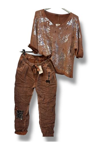 AGORATEKSTİL Women's Italian Vintage Suede Pants and Knitted Sweater Combination Made of Varaklı Knitwear