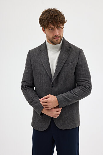 Frappoli Wesley Men's Smoked Italian Striped Cashmere Fabric Half-Lined Mono Collar Sports Blazer Jacket with Pocket