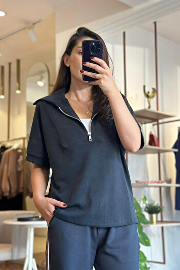 Unique Boutique Anthracite Modal Fabric Polo Neck Half Zipper Closure Blouse
