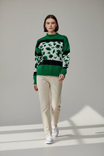 NEWCO Half-High Neck Patterned Knit Sweater with a Comfortable Fit.