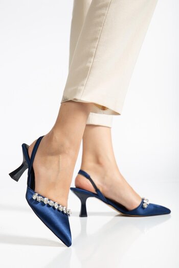Dilimler Ayakkabı Satin Stone Symmetrical Cut Navy Blue Beige Heeled Women's Evening Dress Shoes