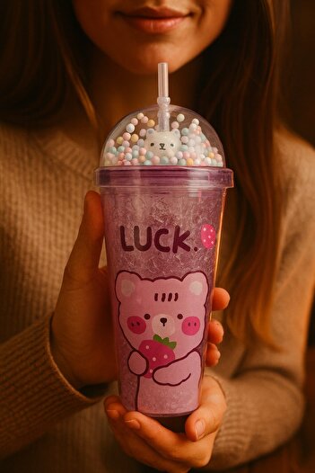 BiTon Toptan Crazy Bear Water Bottle with Straw, Ice Glass Look, Led Light, 450 Ml, Double Layer Mica 2093 Purple