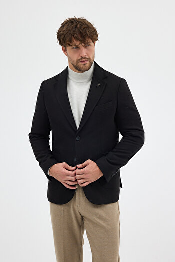 Frappoli Lanz Men's Black Cashmere Fabric Half-Lined Mono Collar Sports Blazer Jacket with Pocket
