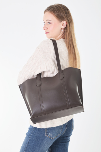 By EDUU Byeduu Brown Large Zippered Clasp Closure Faux Leather Large Shoulder Bag