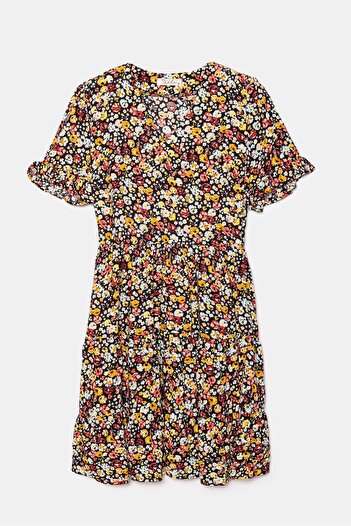 Saade Multi-Colored Floral Print V-Neck Short Sleeve A-Line Mini Woven Dress - Viscose