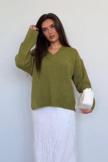 ELBA STİL Oil Green V-Neck Knitwear Women's Sweater