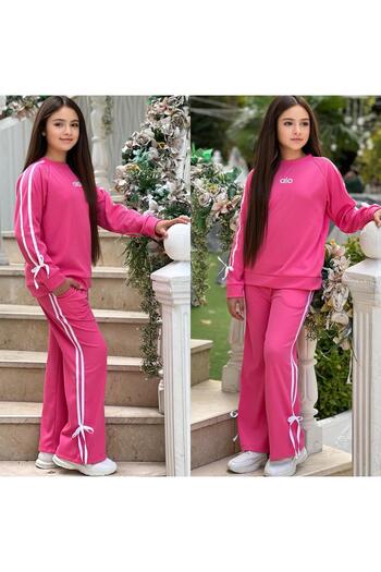 MUMİKİDS Girl's Ribbed Fabric Double Stripe Ribbon Tracksuit Set