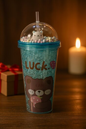 HediyeFilesi Crazy Bear Water Bottle with Straw, Ice Glass Look, Led Light, 450 Ml, Double Layer Mica 2093 Blue