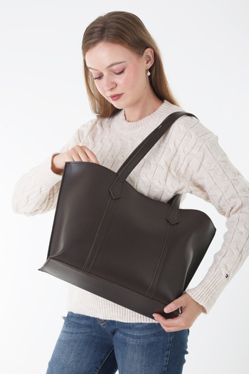 By EDUU Byeduu Brown Large Zippered Clasp Closure Faux Leather Large Shoulder Bag