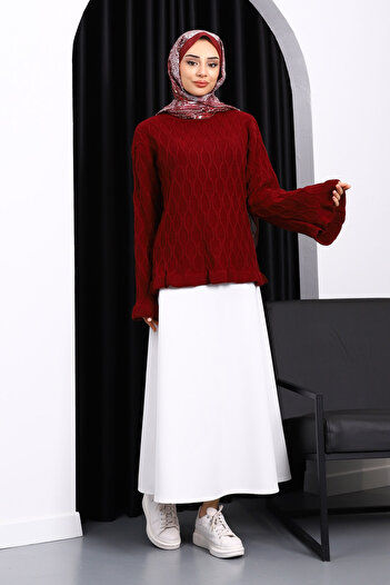 İmajButik Burgundy Waist and Sleeve Cuff Ruffled Knit Sweater