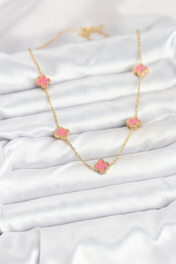 Mustran 316L Steel Chain Gold Color Pink Baby Boy Clover Women's Necklace