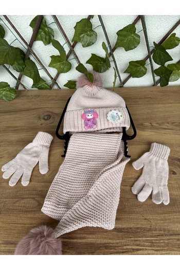 Blotch Powder Pink Color Scarf Beanie Gloves Set with Pompom Toy