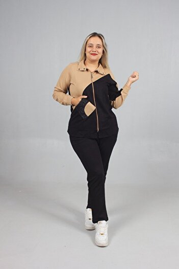 Truva XXL Stone Detailed Elegance! Plus Size Black Brown Tracksuit Set
