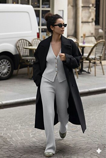 Machetta Women's Buttoned Cardigan Pants Knitwear Bottom Top Set