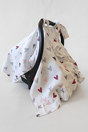 nelcollection Muslin Stroller Cover and Baby Carrier Cushion, Set of 2, with Bib Gift, 100% Cotton Fabric, Heart Pattern